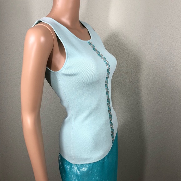 Light blue sleeveless knit top with aqua blue and clear crystals - Picture 3 of 11
